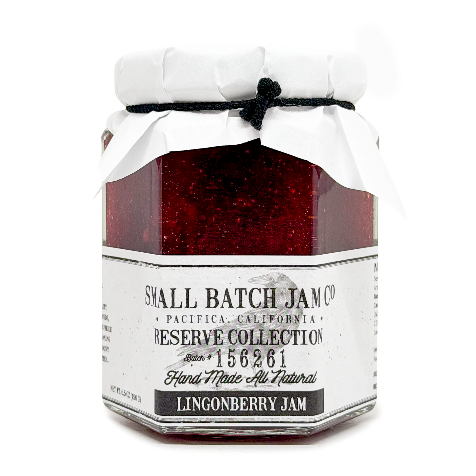 Jar of lingonberry jam from Small Batch Jam Co. on a white background